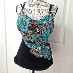 Women's Black and Blue Paisley Tankini Top